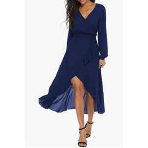 KorMei Women's M Dress Long Sleeve Blue V-Neck Blue High Low Flowy Party Long